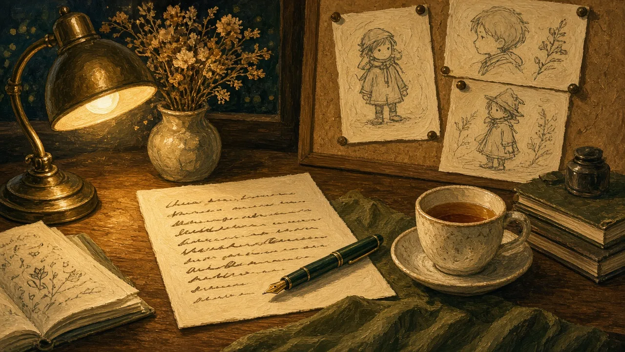 Illustration: an author's desk at night with a lamp, a manuscript and a mug