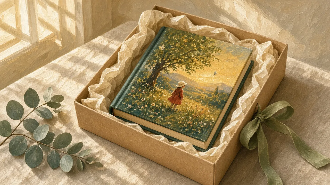 Illustration: a personalized hardcover book in an open gift box with a note
